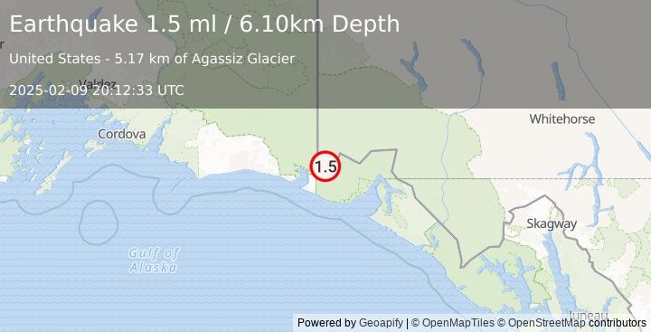 Earthquake 90 km NW of Yakutat, Alaska (1.5 ml) (2025-02-09 20:12:33 UTC)