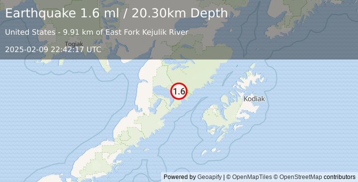 Earthquake 87 km WNW of Karluk, Alaska (1.6 ml) (2025-02-09 22:42:17 UTC)