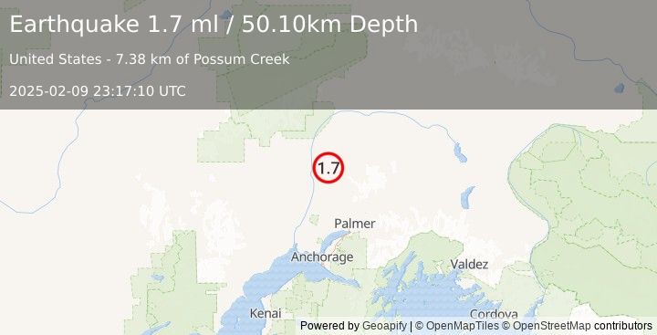 Earthquake 9 km NE of Susitna North, Alaska (1.7 ml) (2025-02-09 23:17:10 UTC)