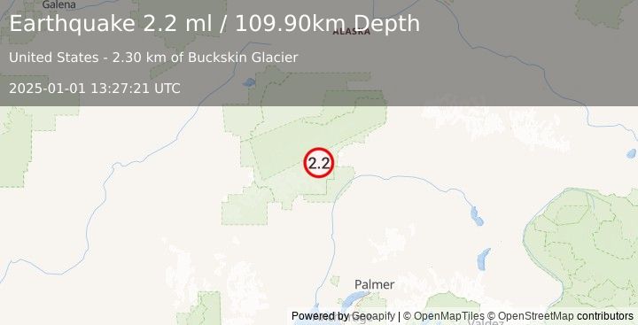 Earthquake 58 km NNE of Petersville, Alaska (2.2 ml) (2025-01-01 13:27:21 UTC)