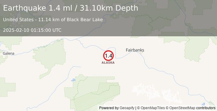 Earthquake 26 km WNW of Four Mile Road, Alaska (1.4 ml) (2025-02-10 01:15:00 UTC)