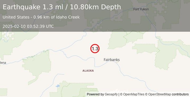 Earthquake 14 km NE of Minto, Alaska (1.3 ml) (2025-02-10 03:52:39 UTC)