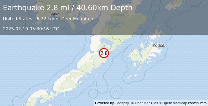 Earthquake 49 km E of Ugashik, Alaska (2.8 ml) (2025-02-10 05:30:16 UTC)