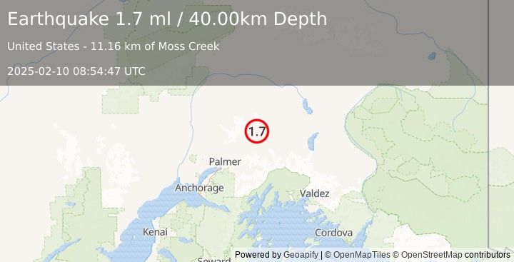 Earthquake 32 km NNE of Chickaloon, Alaska (1.7 ml) (2025-02-10 08:54:47 UTC)