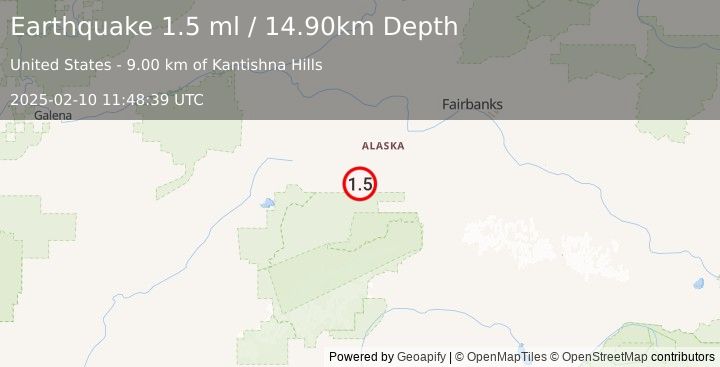 Earthquake 52 km WSW of Clear, Alaska (1.5 ml) (2025-02-10 11:48:39 UTC)