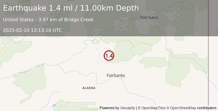 Earthquake 17 km ESE of Livengood, Alaska (1.4 ml) (2025-02-10 13:13:18 UTC)