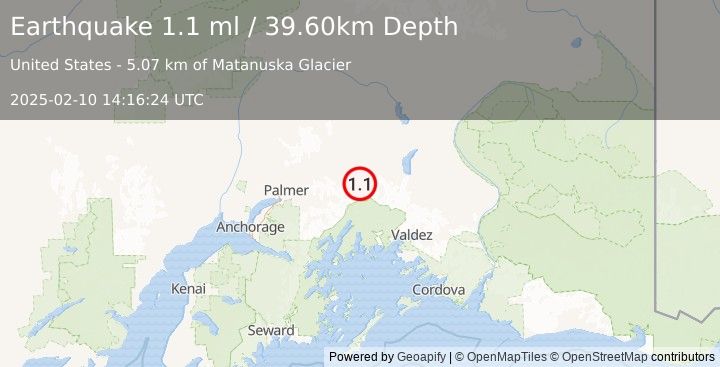 Earthquake 17 km SSE of Glacier View, Alaska (1.1 ml) (2025-02-10 14:16:24 UTC)