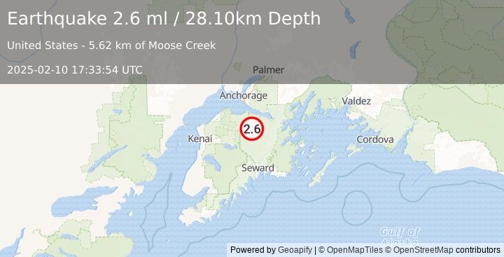 Earthquake 22 km SSW of Sunrise, Alaska (2.6 ml) (2025-02-10 17:33:54 UTC)