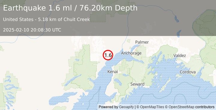 Earthquake 26 km WNW of Tyonek, Alaska (1.6 ml) (2025-02-10 20:08:30 UTC)