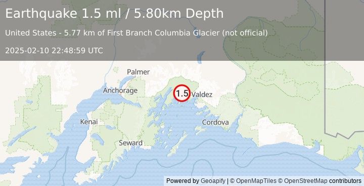 Earthquake 43 km NW of Tatitlek, Alaska (1.5 ml) (2025-02-10 22:48:59 UTC)