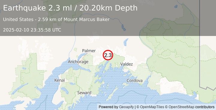 Earthquake 40 km S of Glacier View, Alaska (2.3 ml) (2025-02-10 23:35:58 UTC)