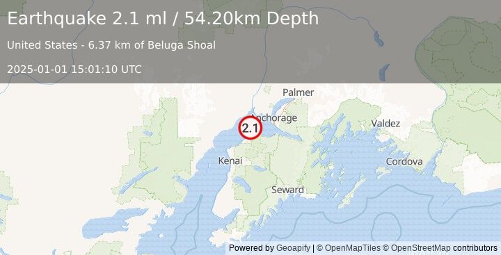 Earthquake 16 km NNE of Point Possession, Alaska (2.1 ml) (2025-01-01 15:01:10 UTC)