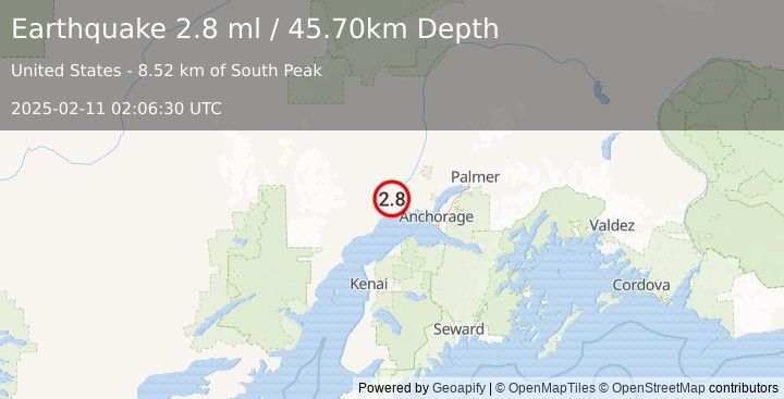 Earthquake 23 km SW of Susitna, Alaska (2.8 ml) (2025-02-11 02:06:30 UTC)