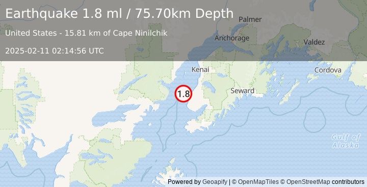 Earthquake 17 km NW of Happy Valley, Alaska (1.8 ml) (2025-02-11 02:14:56 UTC)