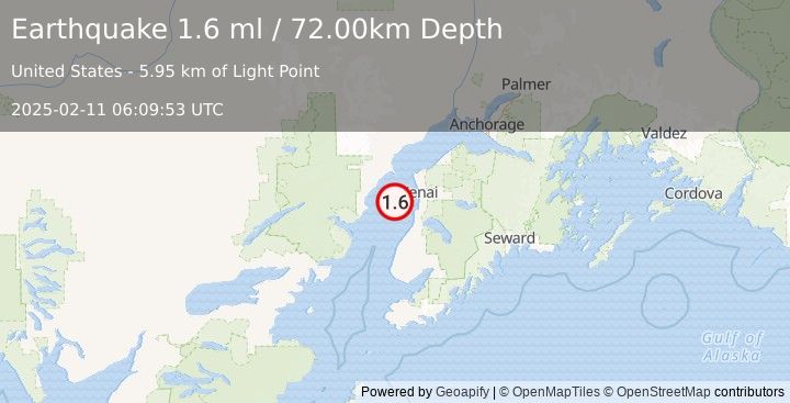 Earthquake 25 km W of Kalifornsky, Alaska (1.6 ml) (2025-02-11 06:09:53 UTC)