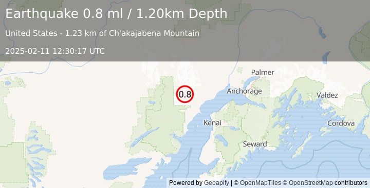 Earthquake 70 km W of Tyonek, Alaska (0.8 ml) (2025-02-11 12:30:17 UTC)