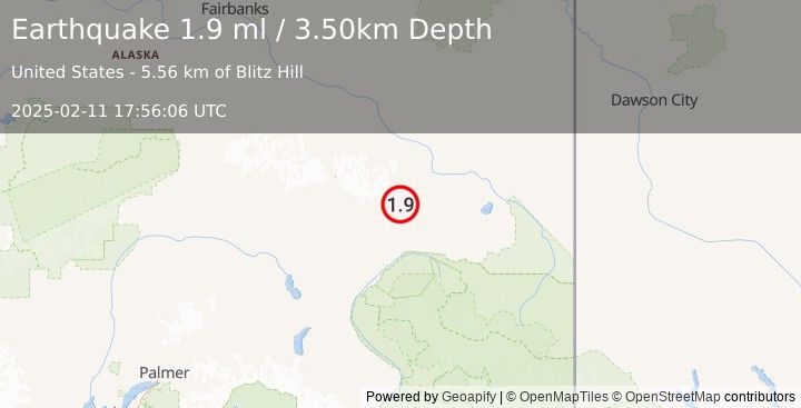 Earthquake 42 km NW of Mentasta Lake, Alaska (1.9 ml) (2025-02-11 17:56:06 UTC)