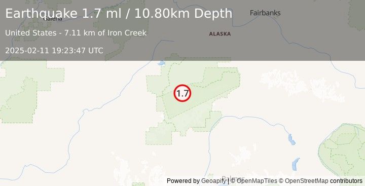 Earthquake 32 km SE of Denali National Park, Alaska (1.7 ml) (2025-02-11 19:23:47 UTC)