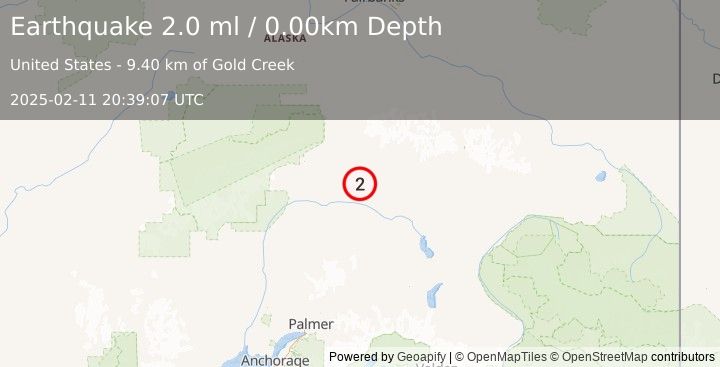 Earthquake 61 km SE of Cantwell, Alaska (2.0 ml) (2025-02-11 20:39:07 UTC)