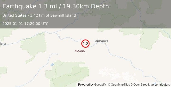 Earthquake 15 km N of Four Mile Road, Alaska (1.3 ml) (2025-01-01 17:29:00 UTC)