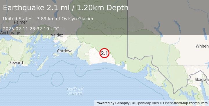 Earthquake 108 km S of McCarthy, Alaska (2.1 ml) (2025-02-11 23:32:19 UTC)