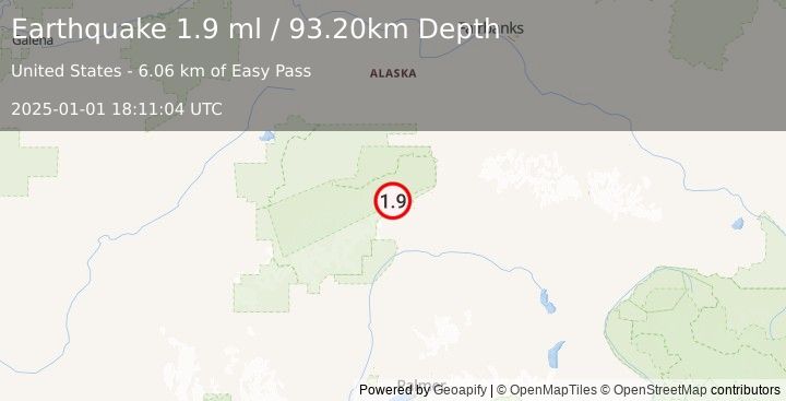 Earthquake 37 km WSW of Cantwell, Alaska (1.9 ml) (2025-01-01 18:11:04 UTC)