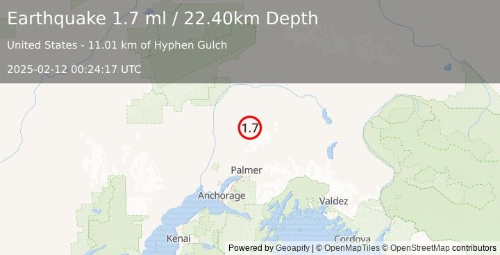 Earthquake 45 km E of Susitna North, Alaska (1.7 ml) (2025-02-12 00:24:17 UTC)