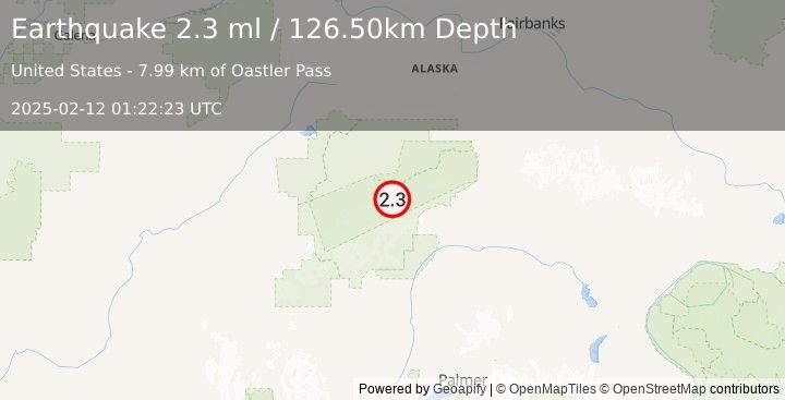 Earthquake 66 km ESE of Denali National Park, Alaska (2.3 ml) (2025-02-12 01:22:23 UTC)