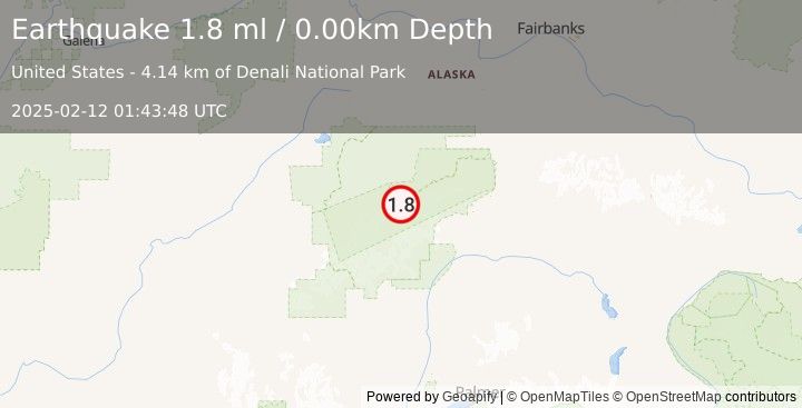 Earthquake 58 km ESE of Denali National Park, Alaska (1.8 ml) (2025-02-12 01:43:48 UTC)