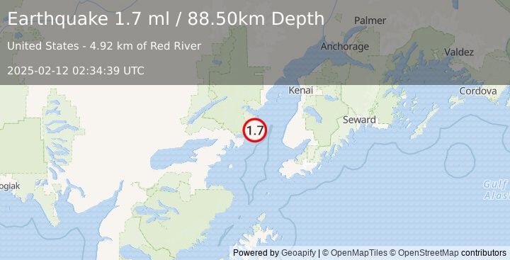 Earthquake 50 km WNW of Anchor Point, Alaska (1.7 ml) (2025-02-12 02:34:39 UTC)