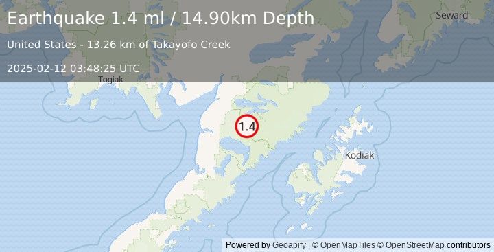 Earthquake 59 km SE of King Salmon, Alaska (1.4 ml) (2025-02-12 03:48:25 UTC)