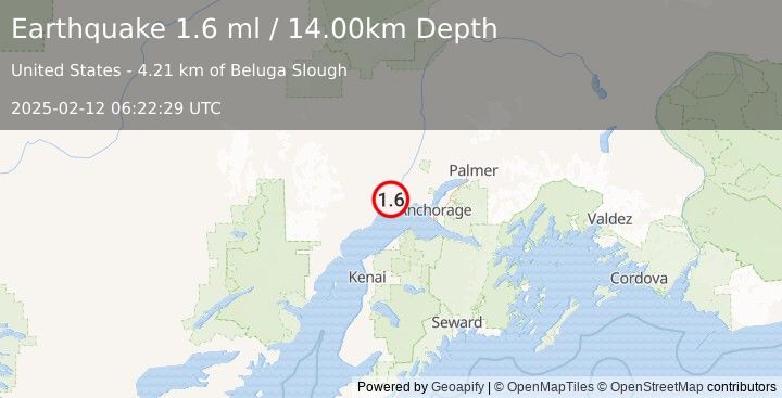 Earthquake 25 km NE of Beluga, Alaska (1.6 ml) (2025-02-12 06:22:29 UTC)