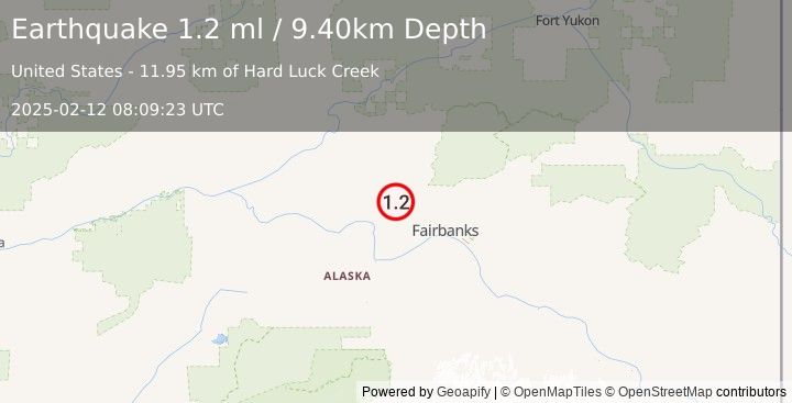 Earthquake 31 km ESE of Minto, Alaska (1.2 ml) (2025-02-12 08:09:23 UTC)