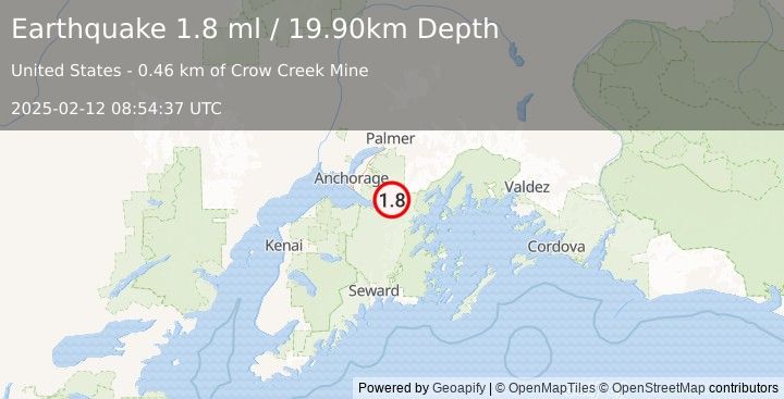 Earthquake 8 km NE of Girdwood, Alaska (1.8 ml) (2025-02-12 08:54:37 UTC)