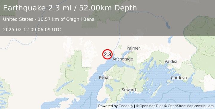 Earthquake 26 km N of Beluga, Alaska (2.3 ml) (2025-02-12 09:06:09 UTC)