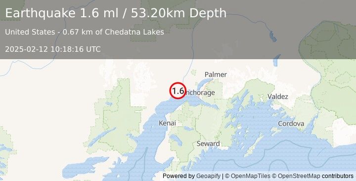 Earthquake 20 km NE of Beluga, Alaska (1.6 ml) (2025-02-12 10:18:16 UTC)