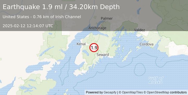 Earthquake 21 km WSW of Cooper Landing, Alaska (1.9 ml) (2025-02-12 12:14:07 UTC)