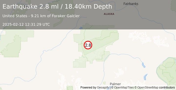 Earthquake 37 km SSE of Denali National Park, Alaska (2.8 ml) (2025-02-12 12:31:29 UTC)