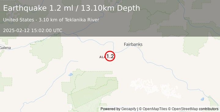 Earthquake 16 km SW of Nenana, Alaska (1.2 ml) (2025-02-12 15:02:00 UTC)