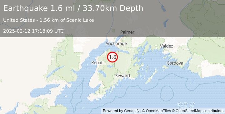 Earthquake 33 km SW of Hope, Alaska (1.6 ml) (2025-02-12 17:18:09 UTC)