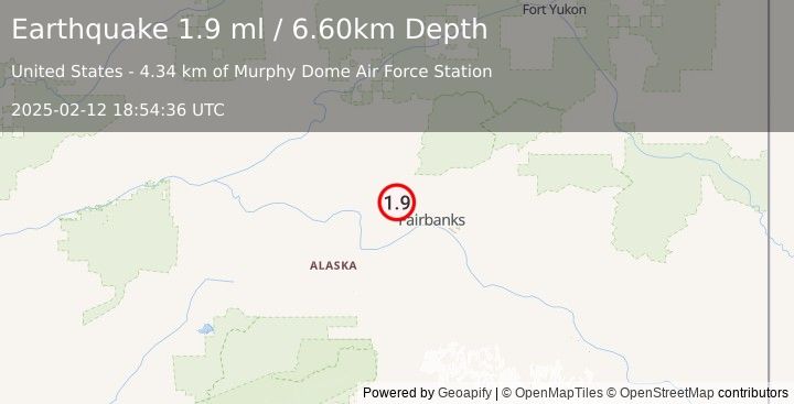 Earthquake 24 km NW of Ester, Alaska (1.9 ml) (2025-02-12 18:54:36 UTC)