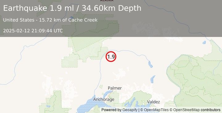 Earthquake 43 km ENE of Chase, Alaska (1.9 ml) (2025-02-12 21:09:44 UTC)