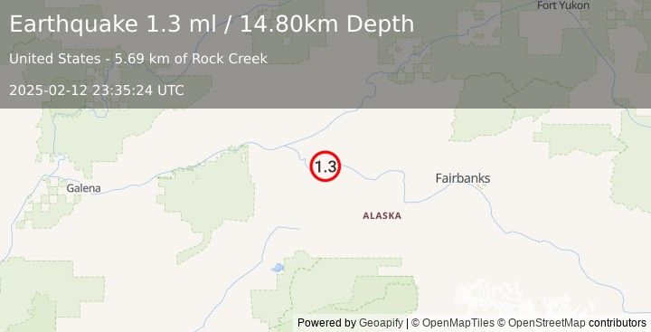 Earthquake 20 km WSW of Manley Hot Springs, Alaska (1.3 ml) (2025-02-12 23:35:24 UTC)