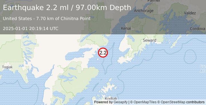 Earthquake 63 km ESE of Pedro Bay, Alaska (2.2 ml) (2025-01-01 20:19:14 UTC)