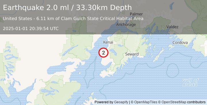 Earthquake 12 km NNE of Ninilchik, Alaska (2.0 ml) (2025-01-01 20:39:54 UTC)