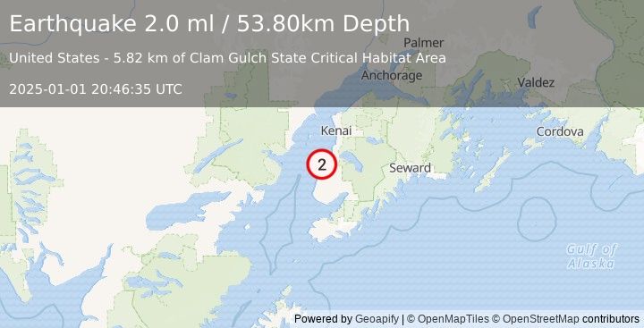 Earthquake 10 km NNE of Ninilchik, Alaska (2.0 ml) (2025-01-01 20:46:35 UTC)