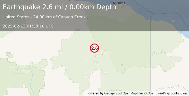 Earthquake 74 km N of Arctic Village, Alaska (2.6 ml) (2025-02-13 01:38:10 UTC)