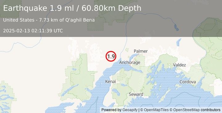 Earthquake 31 km NNW of Beluga, Alaska (1.9 ml) (2025-02-13 02:11:39 UTC)