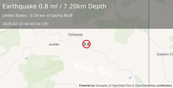 Earthquake 11 km SE of Salcha, Alaska (0.8 ml) (2025-02-13 02:40:54 UTC)