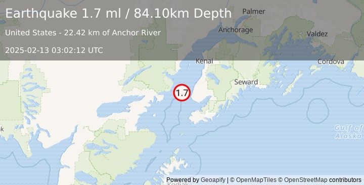 Earthquake 24 km WNW of Anchor Point, Alaska (1.7 ml) (2025-02-13 03:02:12 UTC)